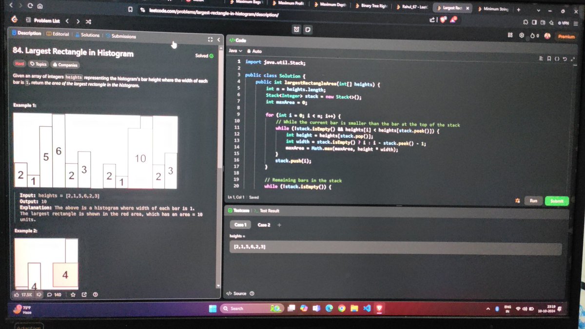 Stranger1282's tweet photo. Day - 141
365 Days of Code Challenge
Today i solved Largest Rectangle in Histogram  with java

#code #coding #programmer #programming #coder #machine_learning #algorithms #software_engineer #community #leetcode #java #python #developers https://t.co/Ilm86iehlh