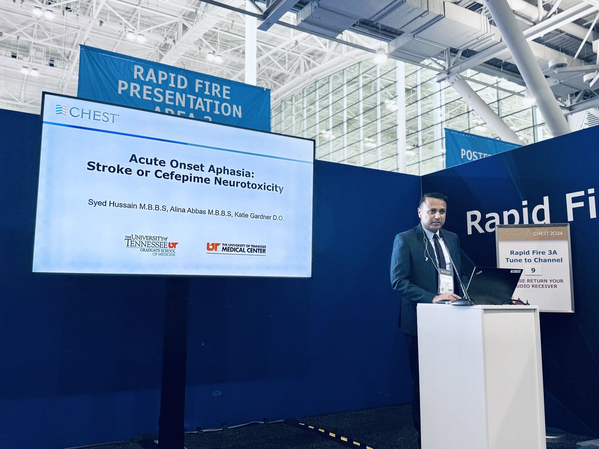 UTK_PCCM's tweet image. Great rapid-fire presentation by 3rd-year PCCM fellow, Dr S Hussain at @accpchest #CHEST2024 on:
“Acute Onset Aphasia: Stroke or Neurotoxicity”
Making us proud!