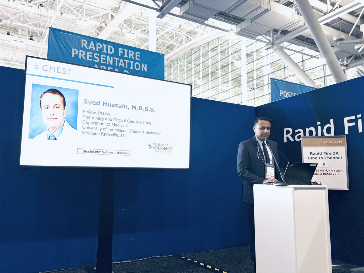 UTK_PCCM's tweet image. Great rapid-fire presentation by 3rd-year PCCM fellow, Dr S Hussain at @accpchest #CHEST2024 on:
“Acute Onset Aphasia: Stroke or Neurotoxicity”
Making us proud!