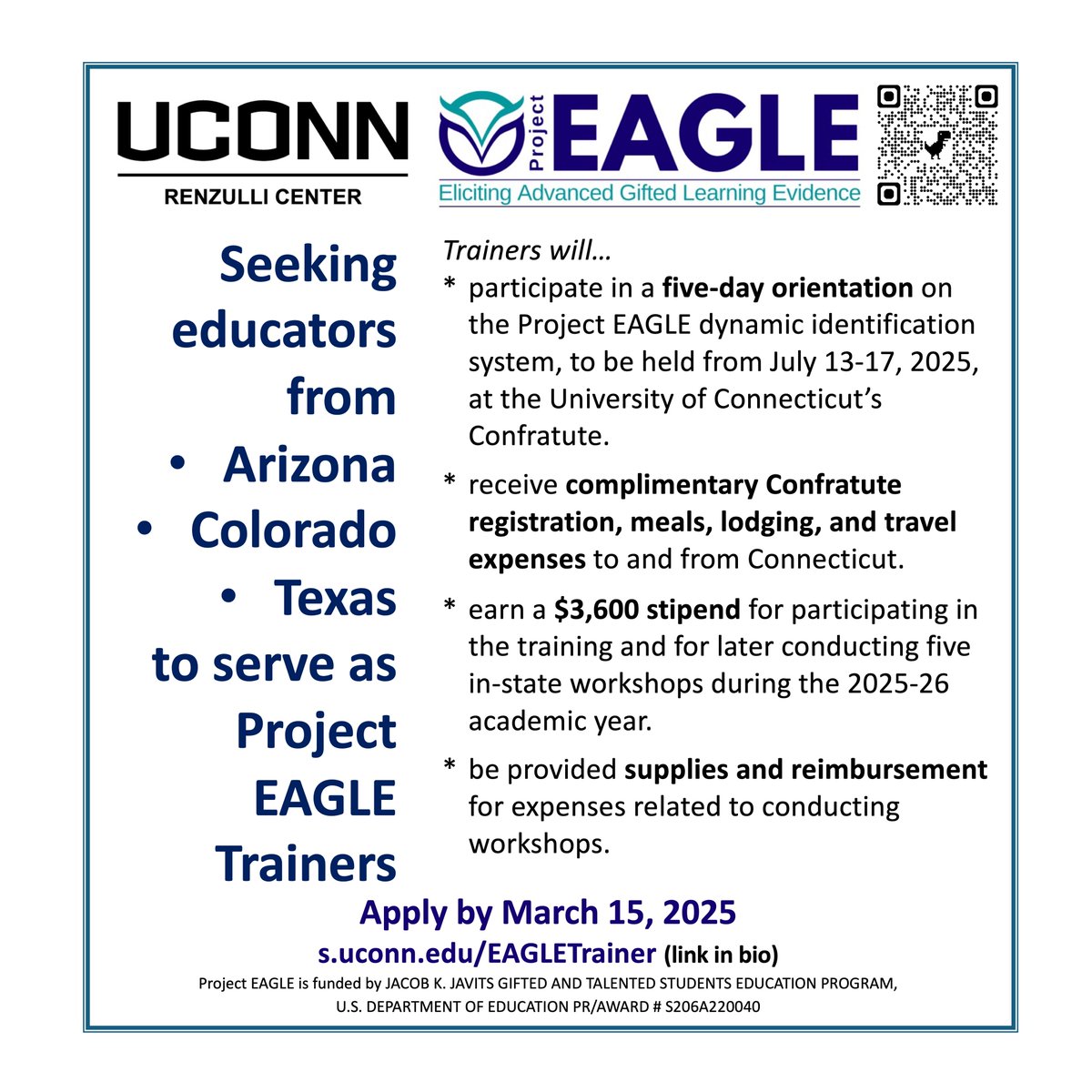 ProjectEAGLE_GT's tweet photo. Are you an AZ, CO, or TX educator interested in supporting equitable identification of #gifted #ELLs? Have experience with elementary math? Enjoy providing professional learning ? Consider applying to be a Javits Project EAGLE trainer! Visit https://t.co/v56z5hERu9  #UConnGifted https://t.co/Uq2UqF27dk
