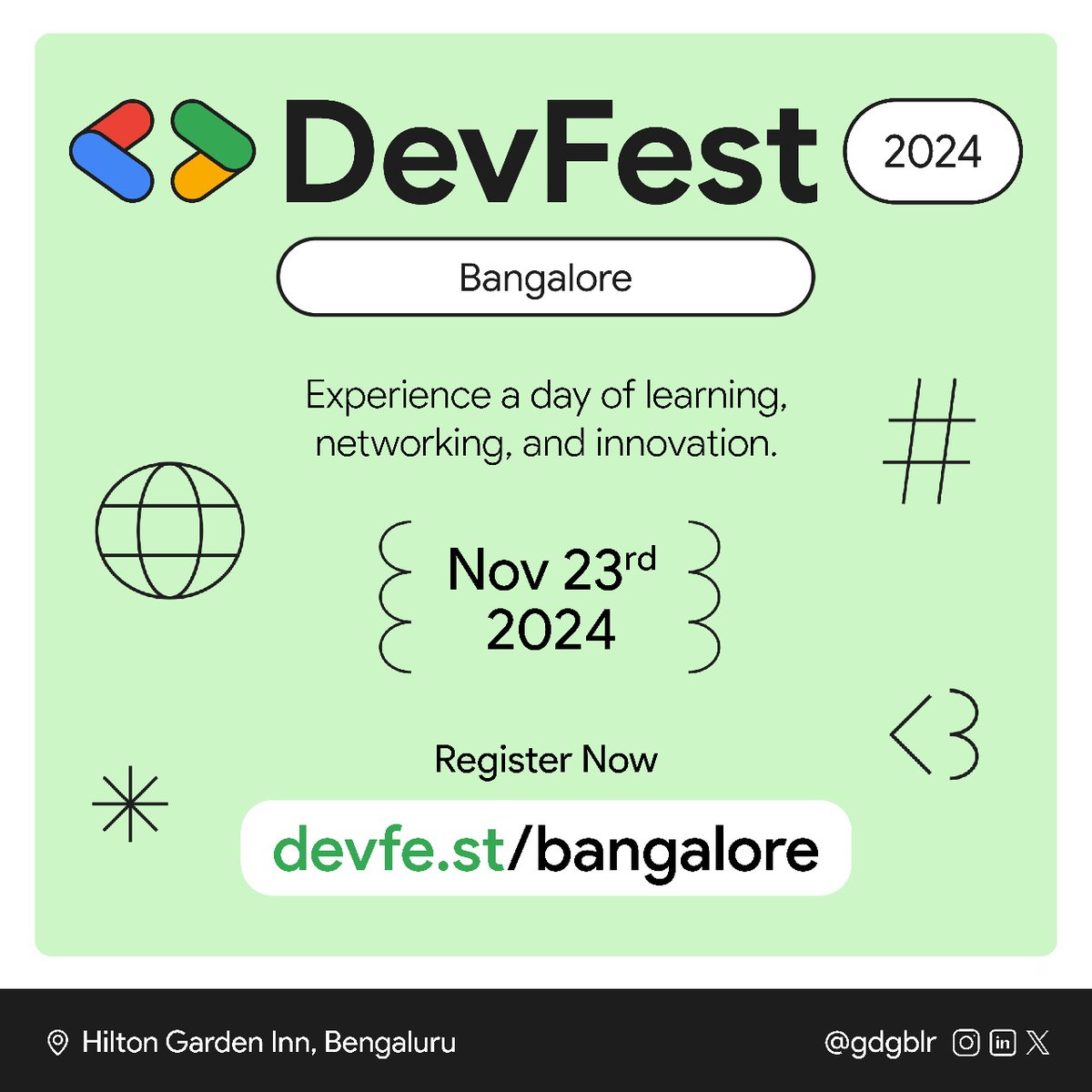 GDGBLR's tweet image. ⏳ The countdown is on! DevFest Bangalore registration opens soon! 🎟️ Connect with top developers, industry experts, and fellow tech enthusiasts. Save the date {{ 23rd November }} for an epic experience! 🚀
#DevFestBangalore #GDGBangalore #GoogleDevelopers #TechConference