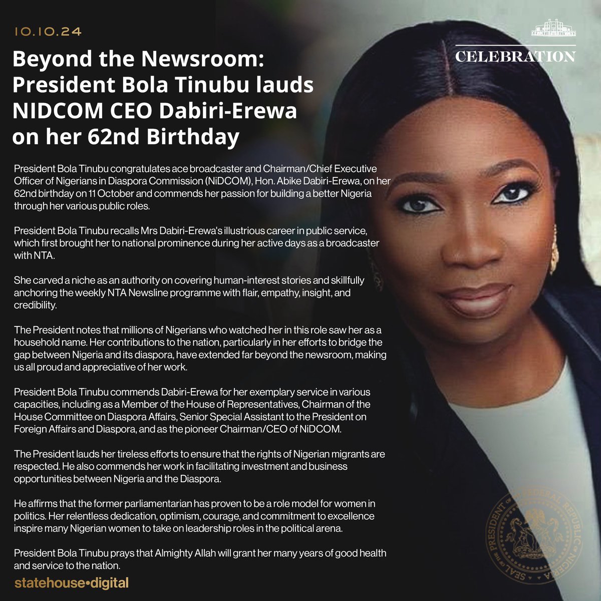 President Bola Ahmed Tinubu lauds NIDCOM CEO Dabiri-Erewa on her 62nd Birthday