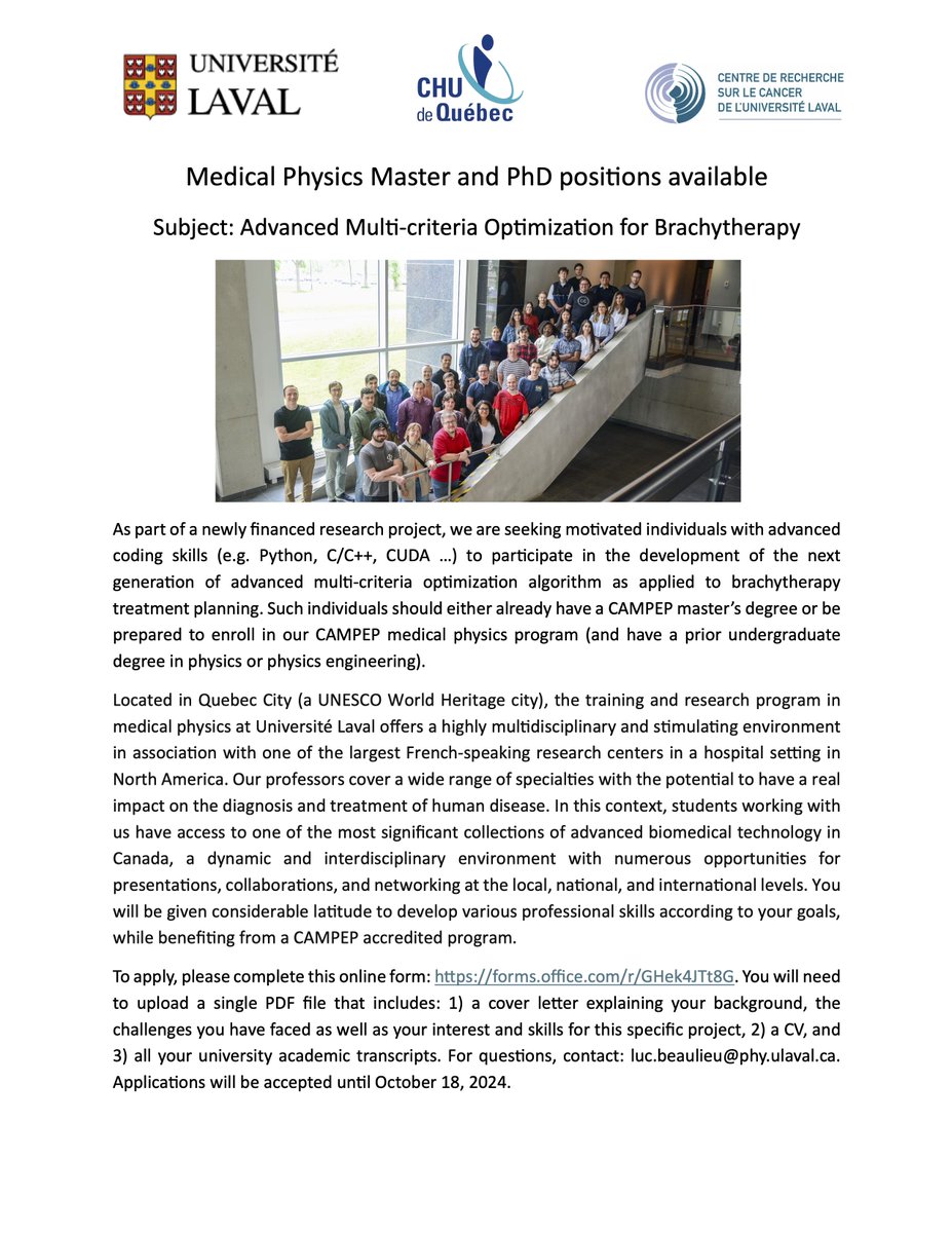 As part of a newly financed project, we have opening for master and PhD students starting between January and September 2025 in our CAMPEP Medical Physics program. See details in the attached file and please do share among your network.