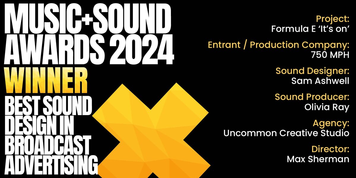 🏆And the winner for #MASAwards BEST SOUND DESIGN IN BROADCAST ADVERTISING is <a href="/750mph/">750</a> for Sam Ashwell’s sound on the Formula E ‘It’s on’ spot! Congratulations! 👏🌟👏 <a href="/uncommon_studio/">Uncommon</a> <a href="/Somesuchandco/">SOMESUCH</a>