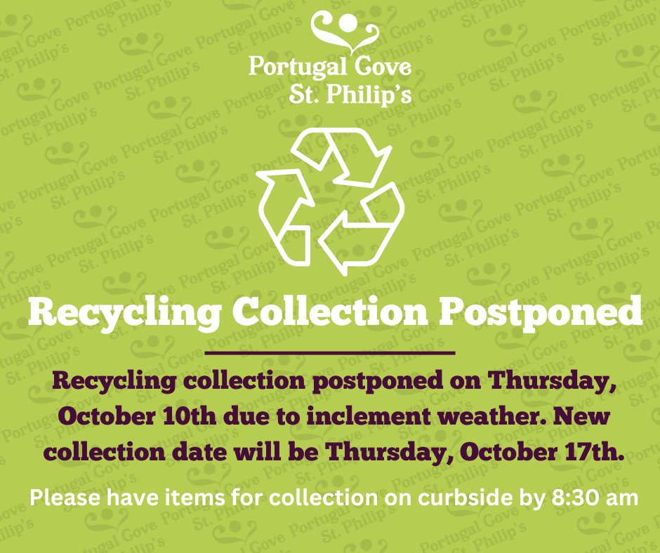 Residents are reminded that due to the forecasted inclement weather, recycling collection has been postponed for Thursday, October 10th with the new collection date of Thursday, October 17th.
We apologize for any inconvenience this may cause as our crews work with weather systems