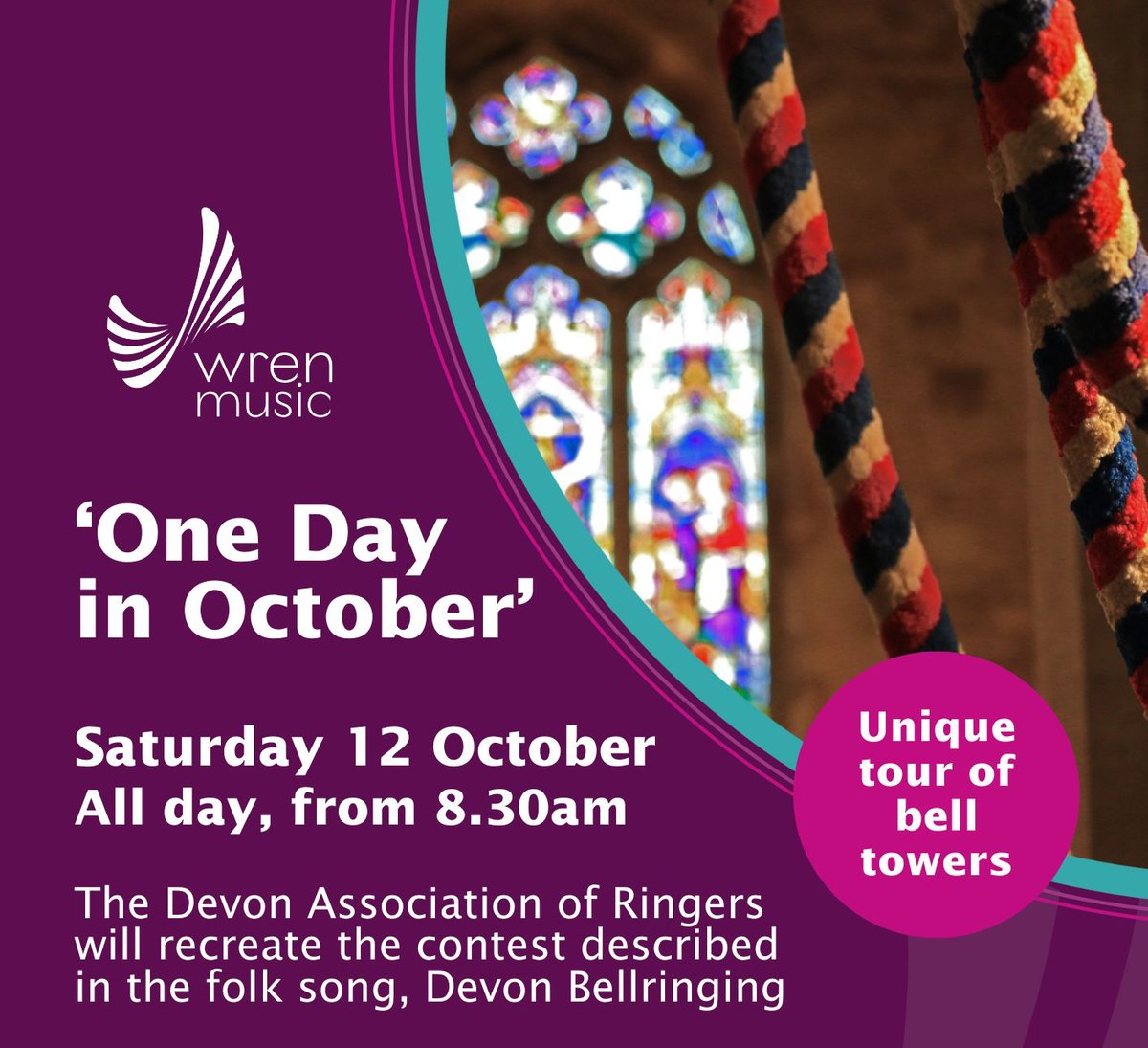 Join us along the way this Saturday, as we recreate the bellringing competition that’s sung about in The Bellringing Song, visiting the five church towers in West Devon &amp; East Cornwall that are mentioned. Timings are on our Facebook page: facebook.com/WrenMus
