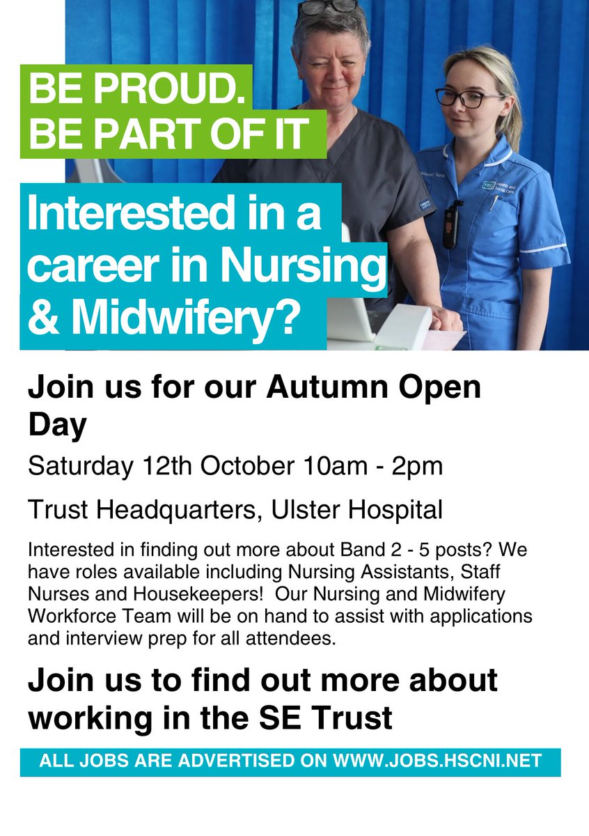 Are you thinking about a career in Nursing or Midwifery?

Join us for our Autumn Open Day &amp; find out more about our band 2-5 roles 🎉

📍Trust Headquarters, Ulster Hospital
📅 Saturday 12th October  
🕐 10am-2pm

Discover your future in healthcare and meet our inspiring team🌟
