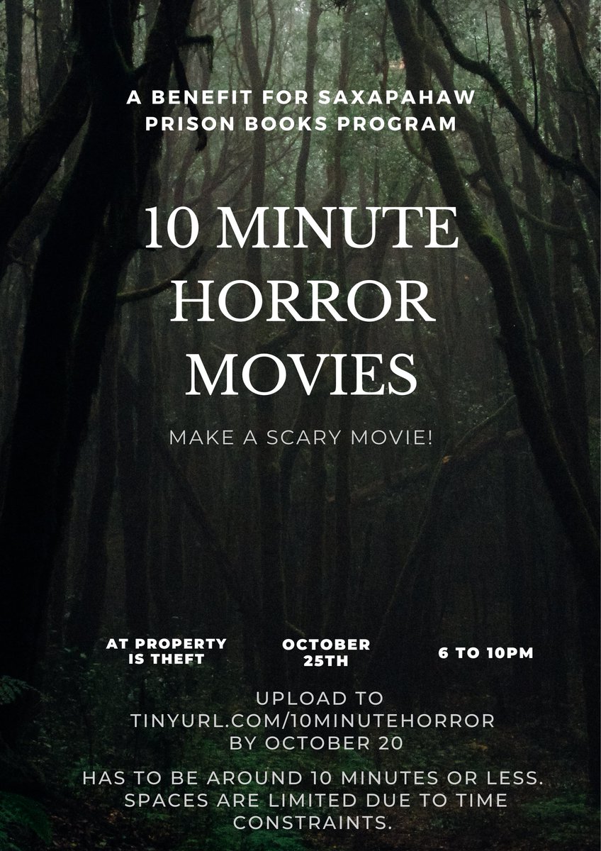 SaxapahawB's tweet image. Make a movie! It can be scary or funny scary :)
Just record em on your phone and drop em here: tinyurl.com/10minutehorror
Do it by October 20th! Then come bask in the glow of your fame as we screen them October 25th at 411 South 5th St. in Williamsburg
