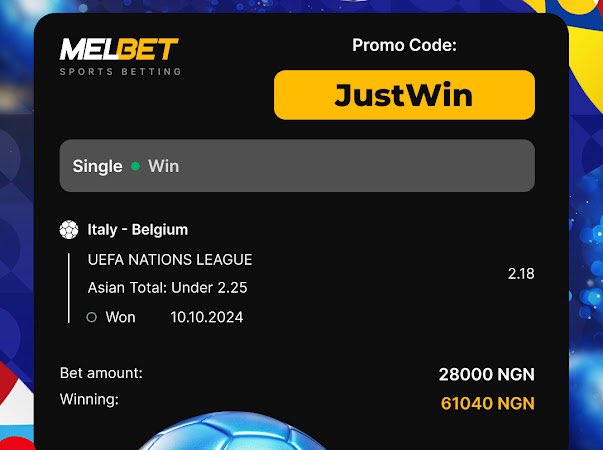 Single bet of the DAY on MelbetNG

🌟 300% First Deposit Bonus up to 300000 NGN 🌟

📌-  Sign up via: africa.melbet.ng/JustWin 
📌- Promo code: JustWin