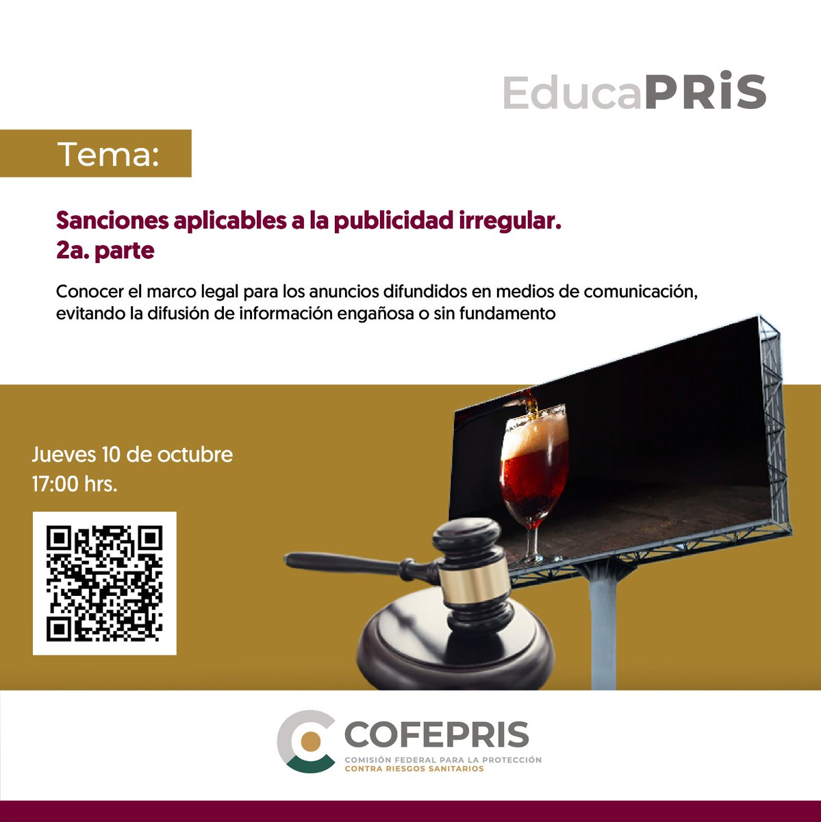COFEPRIS's tweet photo. Acompáñanos en la 2da sesión de #Educapris, donde expertos de la Comisión de Operación Sanitaria, hablarán de la #VerificaciónSanitaria en materia de publicidad de productos y servicios relacionados con la salud. 
Únete a las 17:00h.  
👉https://t.co/o6XQJQT09f https://t.co/tHvZ8ifrcN