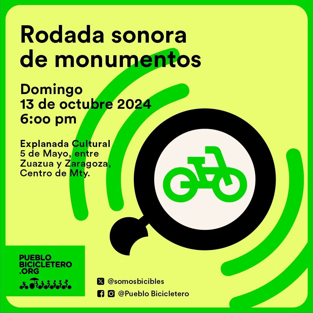 Este domingo 13 de octubre vamos a rodar y a visitar la exposición Monumentos sin monumentalidad de <a href="/lasartesmty/">lasartesmonterrey</a> 
¡Te esperamos! 
⌚️6:00 pm 
📍Salida de la Explanada de LabNL