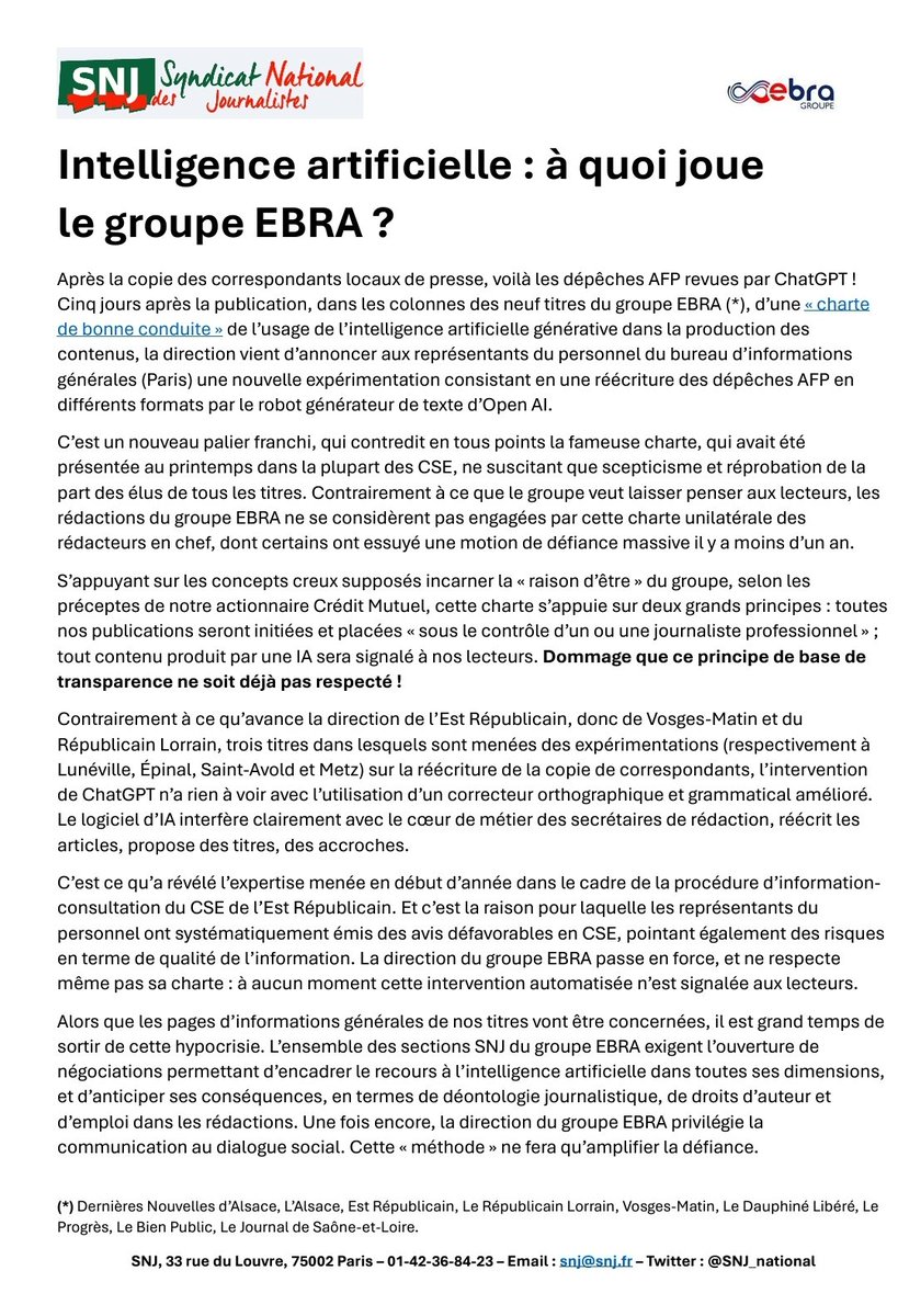 Les journaux du groupe EBRA utilisent désormais ChatGPT pour remplacer les correspondants de presse puis les secrétaires de rédaction et éditeurs pour réécrire les dépêches AFP, sans en avertir leurs lecteurs. Nos pires craintes se réalisent.
