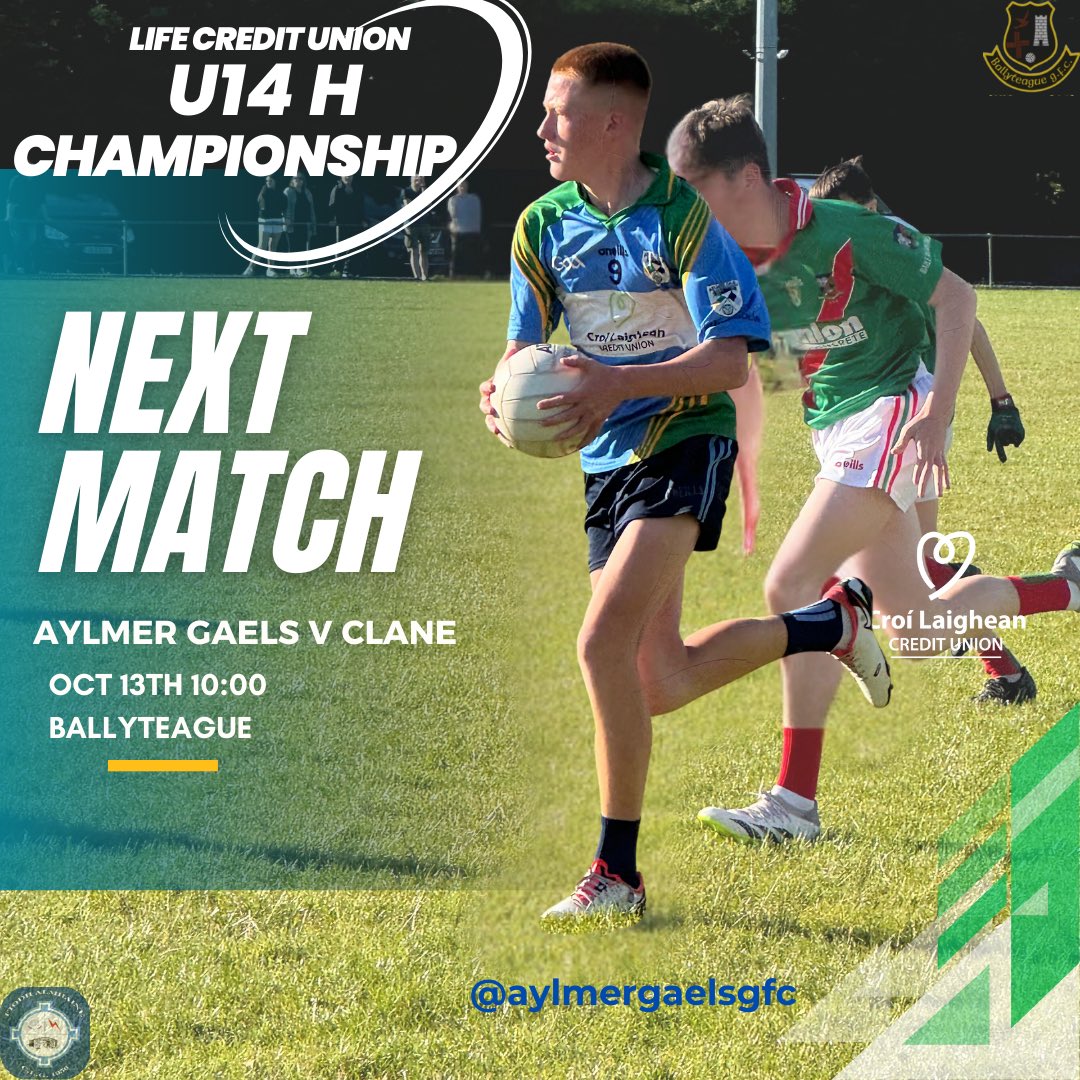 AylmerGaelsGfc's tweet photo. Best of luck to both U14 teams with their Sunday morning matches in Ballyteague. The development team plays Clane at 10am, followed by the A team against Maynooth at 11:30am. Come out and support the teams if you can 🟢 https://t.co/k2TeLdCdnM