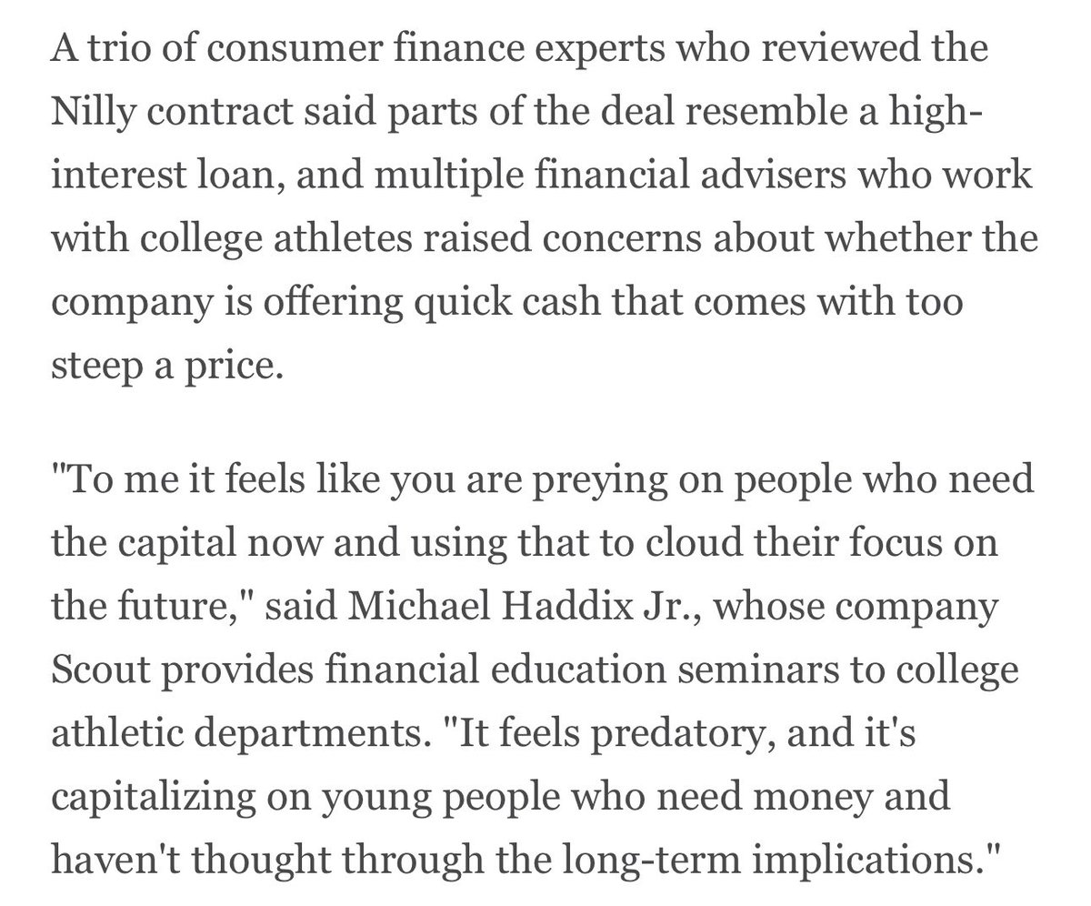WinterSportsLaw's tweet photo. This is basically a high interest, payday loan for college and high school athletes.

Get cash now in return for giving up a percentage of later NIL earnings, including payments from collectives.

Athletes should think long and hard before deciding to do this. https://t.co/oJDwUGQiJ8