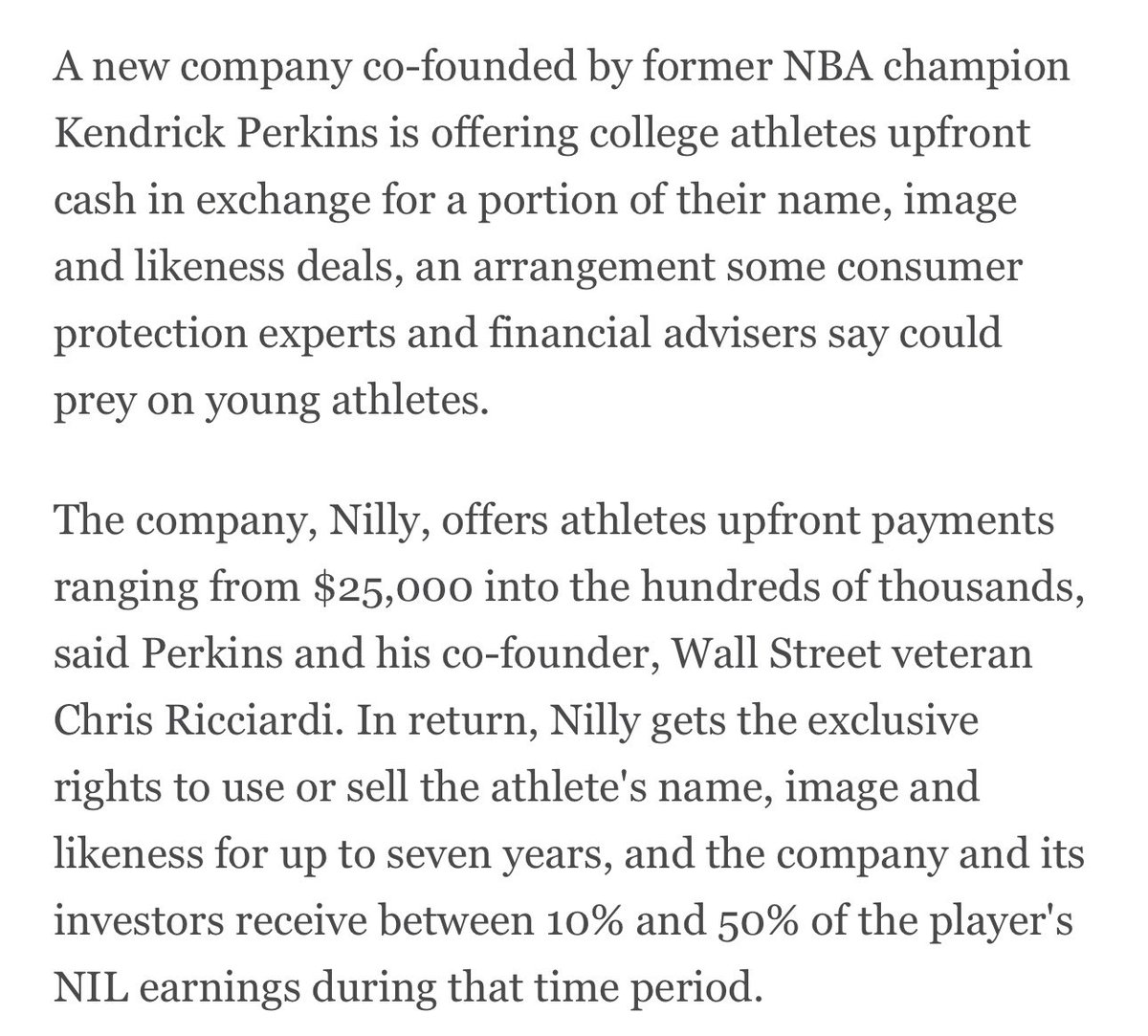 WinterSportsLaw's tweet photo. This is basically a high interest, payday loan for college and high school athletes.

Get cash now in return for giving up a percentage of later NIL earnings, including payments from collectives.

Athletes should think long and hard before deciding to do this. https://t.co/oJDwUGQiJ8