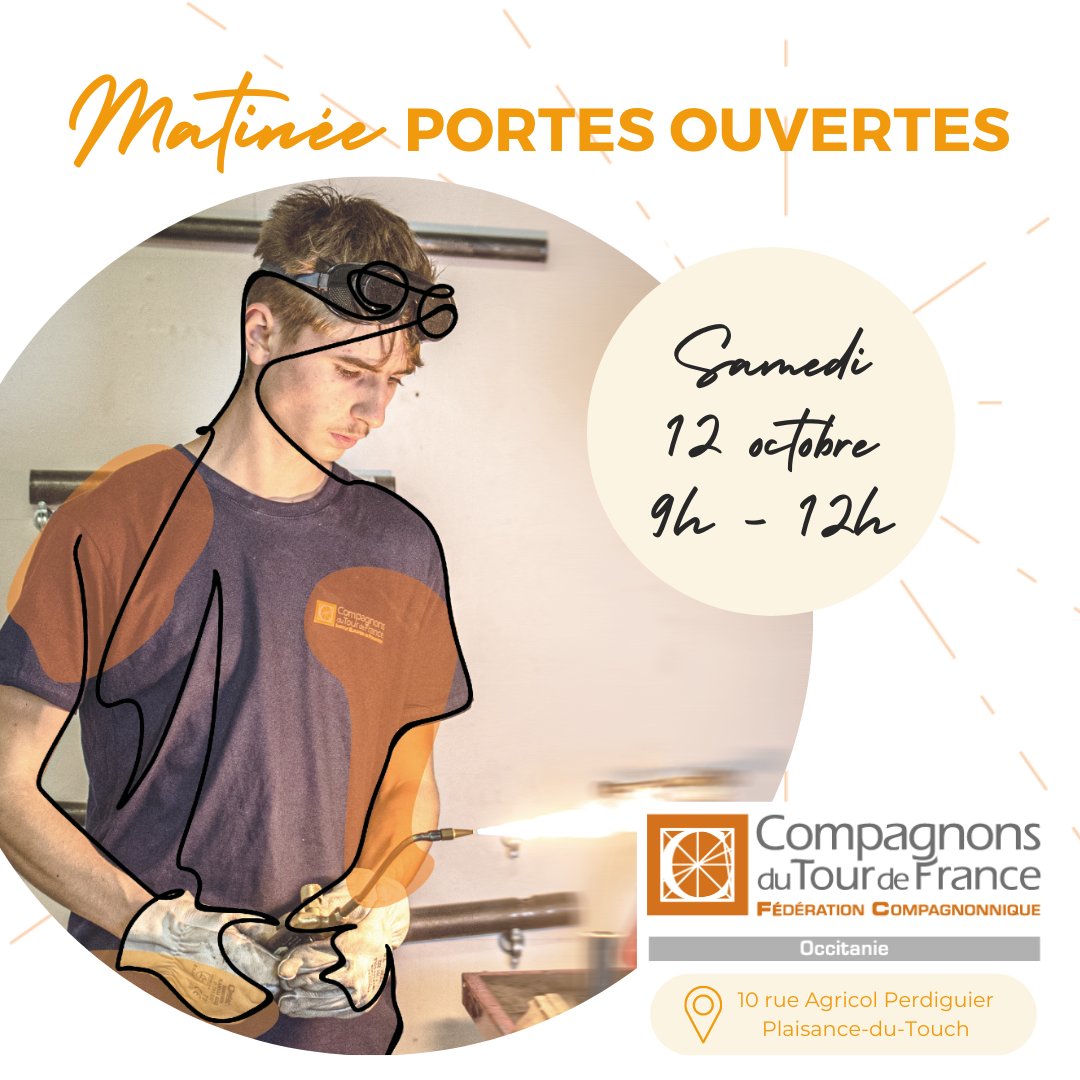 Matinée Portes Ouvertes chez les Compagnons du Tour de France ! 📣 
Collégiens, lycéens, étudiants) ou adultes en reconversion : votre métier de demain se construit aujourd'hui ! 🏗👷 
𝗜𝗹 𝗲𝘀𝘁 𝗲𝗻𝗰𝗼𝗿𝗲 𝘁𝗲𝗺𝗽𝘀 𝗱𝗲 s'𝗶𝗻𝘀𝗰𝗿𝗶𝗿𝗲 𝗽𝗼𝘂𝗿 𝗰𝗲𝘁𝘁𝗲 𝗮𝗻𝗻𝗲́𝗲 !