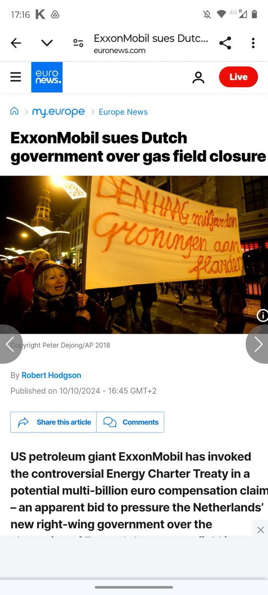 In an absurd move, ExxonMobil sues the Dutch government over closed oil fields using the climate wrecking Energy Charter Treaty. Paul de Clerck tells <a href="/euronews/">euronews</a> that the claim for “massive compensation … shows how ruthless the company is”. 

“It  also illustrates clearly again