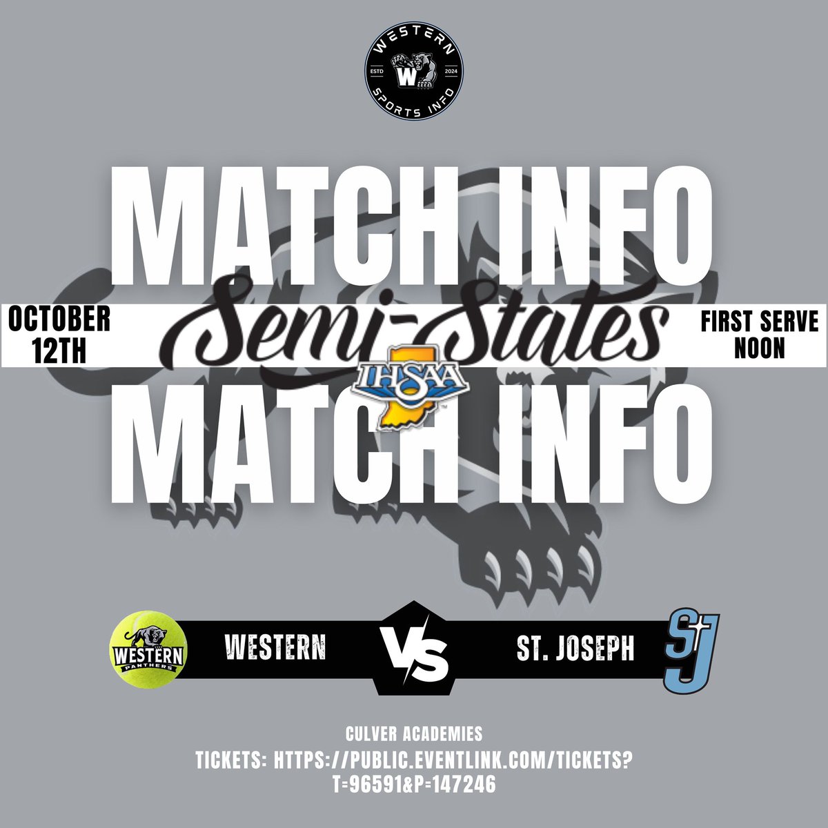 🎾Boys Tennis🎾
<a href="/TennisWestern/">Western Tennis</a> 

🏆Semi State information🏆
🆚South Bend St. Joseph
⏰12:00pm (Noon)
📍Culver Academies
🎾 North Courts 1-5

🎟️: public.eventlink.com/tickets?t=9659…
$7.00 admission. Cash will be accepted at the gate. If you purchase an online ticket please present it to the