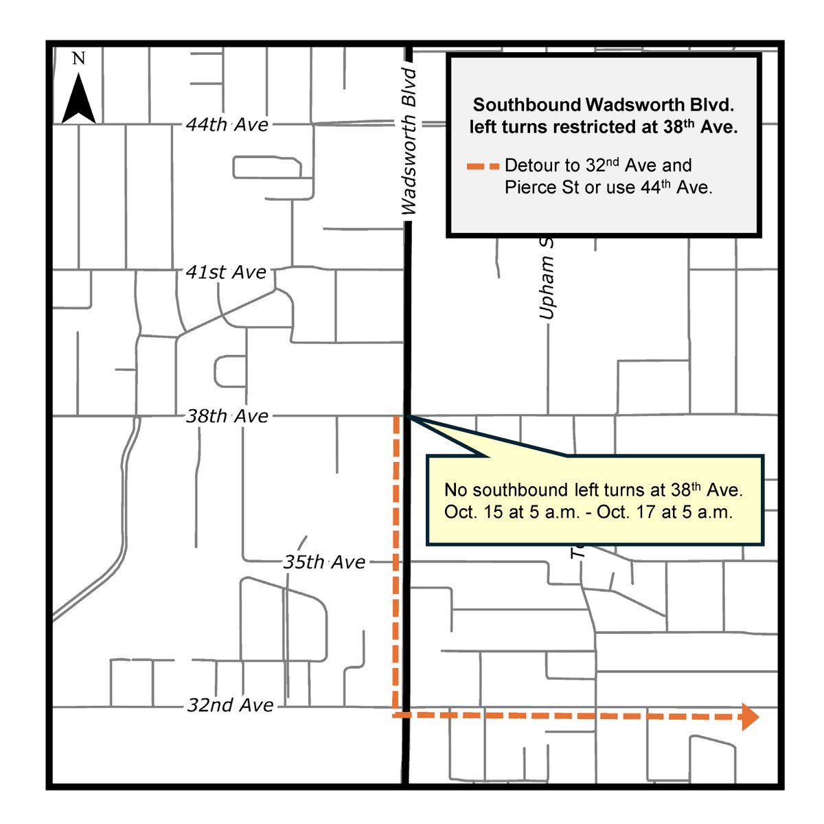 TRAVEL ALERT: Southbound Wadsworth Boulevard left turns at 38th Avenue prohibited October 15 - 16⚠️

Read the full alert at: whatsupwheatridge.com/improve-wadswo…