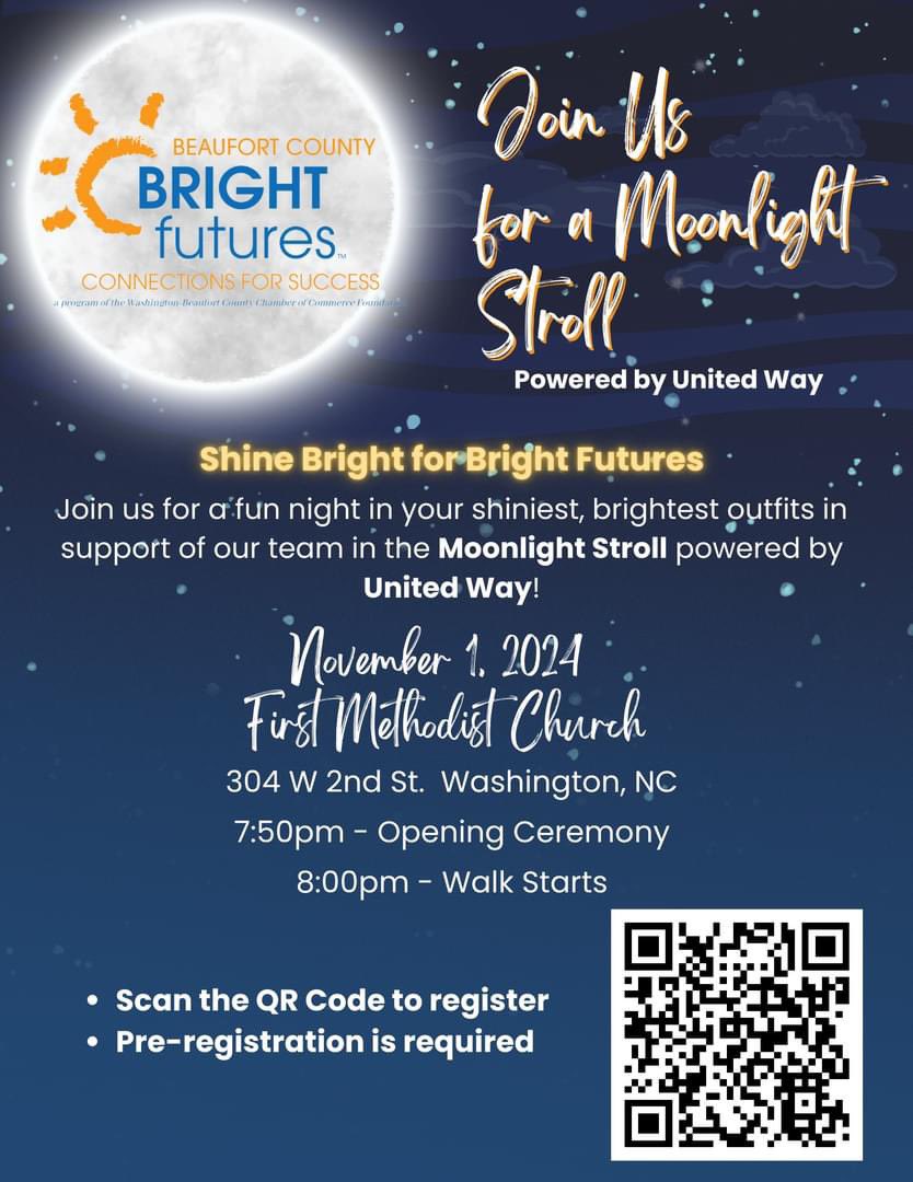Join Bright Futures of Beaufort County for a Moonlight Stroll on November 1, 2024, powered by Beaufort County United Way. You can support us by walking or making a donation.
