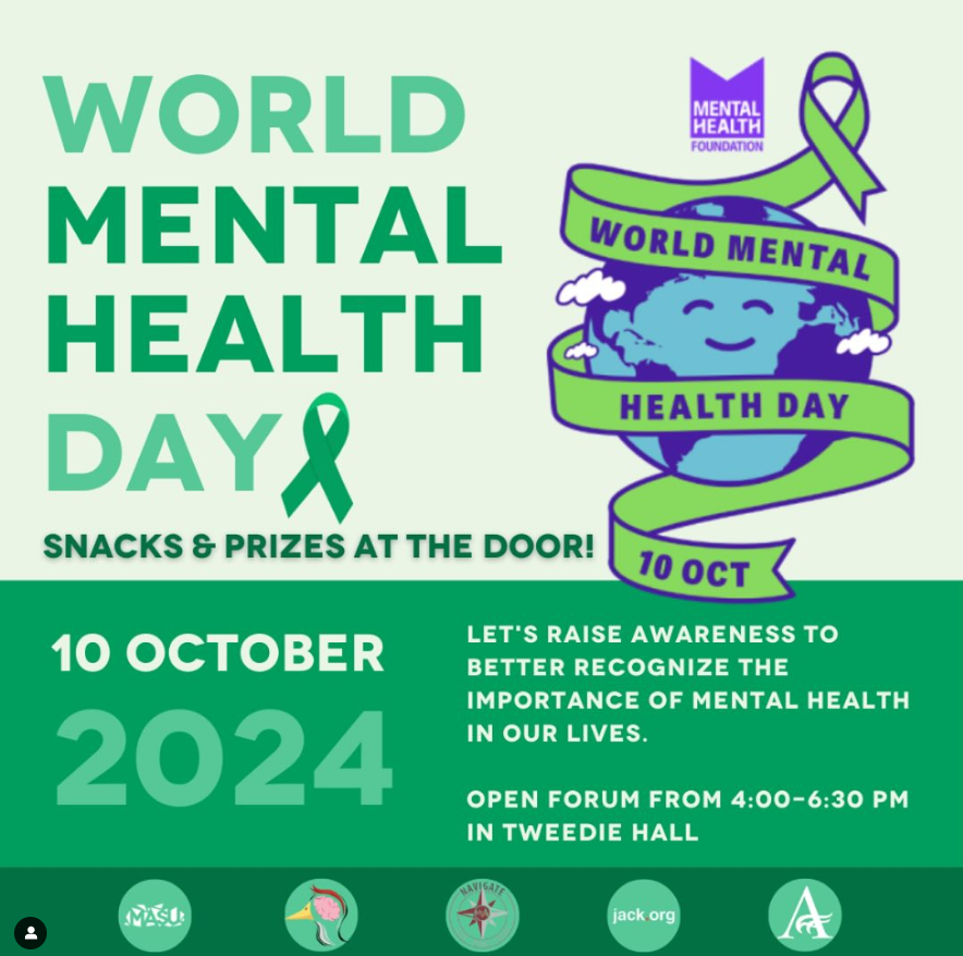 Mental Health Forum today on World Mental Health Day ~ October 10th @ 4 – 6:30pm in the Wallace McCain Student Centre / Tweedie Hall. 
Snacks, prizes and discussion!