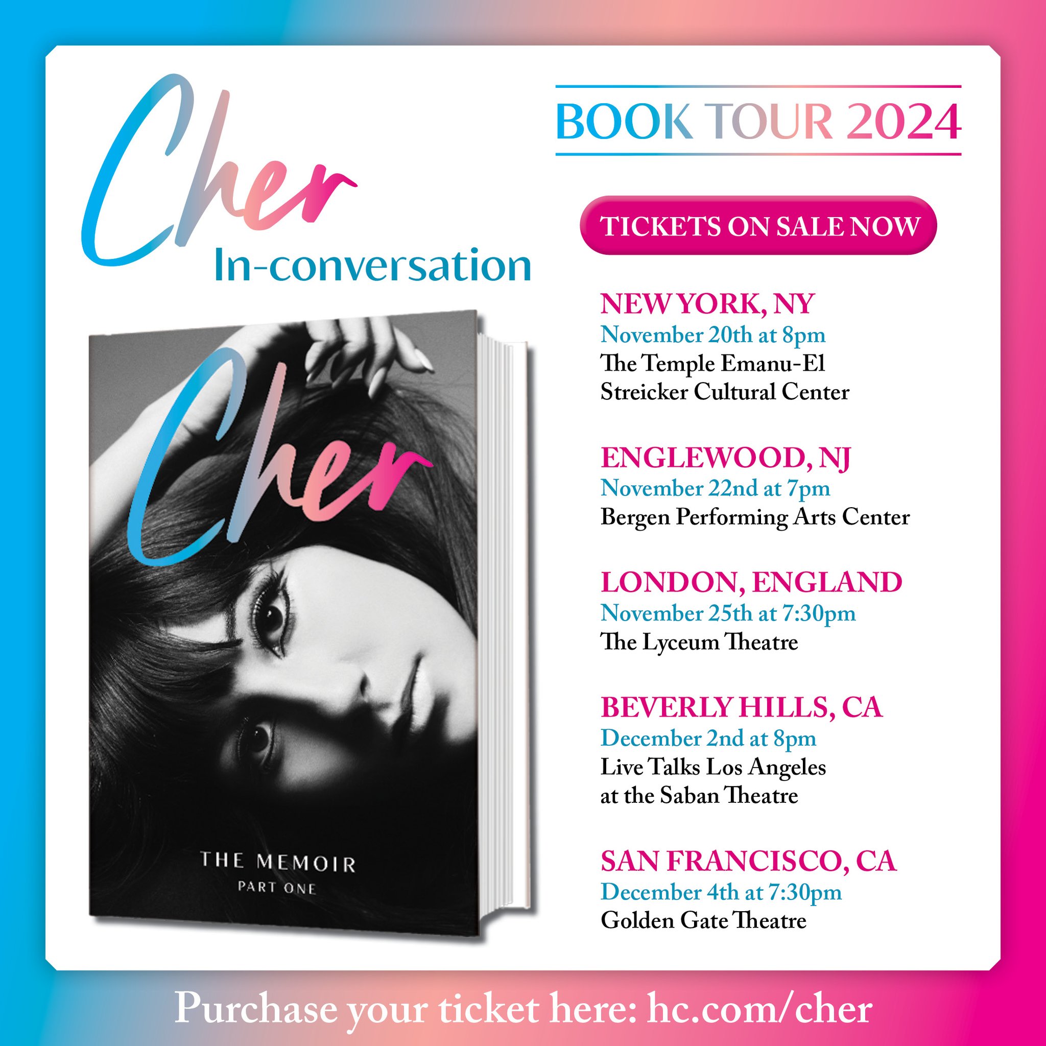 Cher on X: &ldquo;Tickets for The Memoir Book Tour are now available 