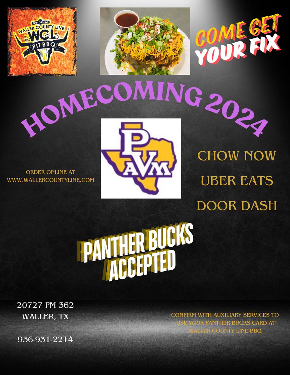Panthers, come and get your bbq fix at Waller County Line BBQ. Panthers Bucks are accepted.🍗🍖🍴
