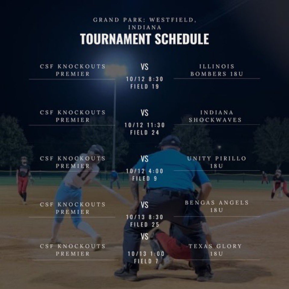 CSF KNOCKOUTS PREMIER (@coachrip2) on Twitter photo Back at it this weekend @ Top 100 - Grand Park, Westfield, IN. <a href="/IndianaSB/">Indiana Softball</a> <a href="/UIndySoftball/">UIndy Softball</a> <a href="/BallStateSB/">Ball State Softball</a> <a href="/AshlandUSball/">Ashland University Softball</a> <a href="/OhioStateSB/">Ohio State Softball</a> <a href="/CoachStanton/">Shonda Stanton</a> <a href="/Srain10/">Summer Collins</a> <a href="/mandygardner24/">Mandy Gardner-Colegate</a> <a href="/MorganNewport18/">Morgan Gerak</a> <a href="/Paige_McMenemy/">Paige McMenemy</a> Back at it this weekend @ Top 100 - Grand Park, Westfield, IN. <a href="/IndianaSB/">Indiana Softball</a> <a href="/UIndySoftball/">UIndy Softball</a> <a href="/BallStateSB/">Ball State Softball</a> <a href="/AshlandUSball/">Ashland University Softball</a> <a href="/OhioStateSB/">Ohio State Softball</a> <a href="/CoachStanton/">Shonda Stanton</a> <a href="/Srain10/">Summer Collins</a> <a href="/mandygardner24/">Mandy Gardner-Colegate</a> <a href="/MorganNewport18/">Morgan Gerak</a> <a href="/Paige_McMenemy/">Paige McMenemy</a>