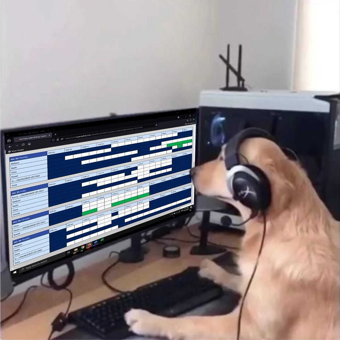 UHCL_Pearland's tweet image. --UHCL Writing Center--
Rate my setup.
uhcl.mywconline.com is the website where you can make appointments to see a tutor at the Writing Center. Spaces limited; secure your spot now!
#uhcl #uhclwritingcenter #writeherewritenow #UHCLPearland