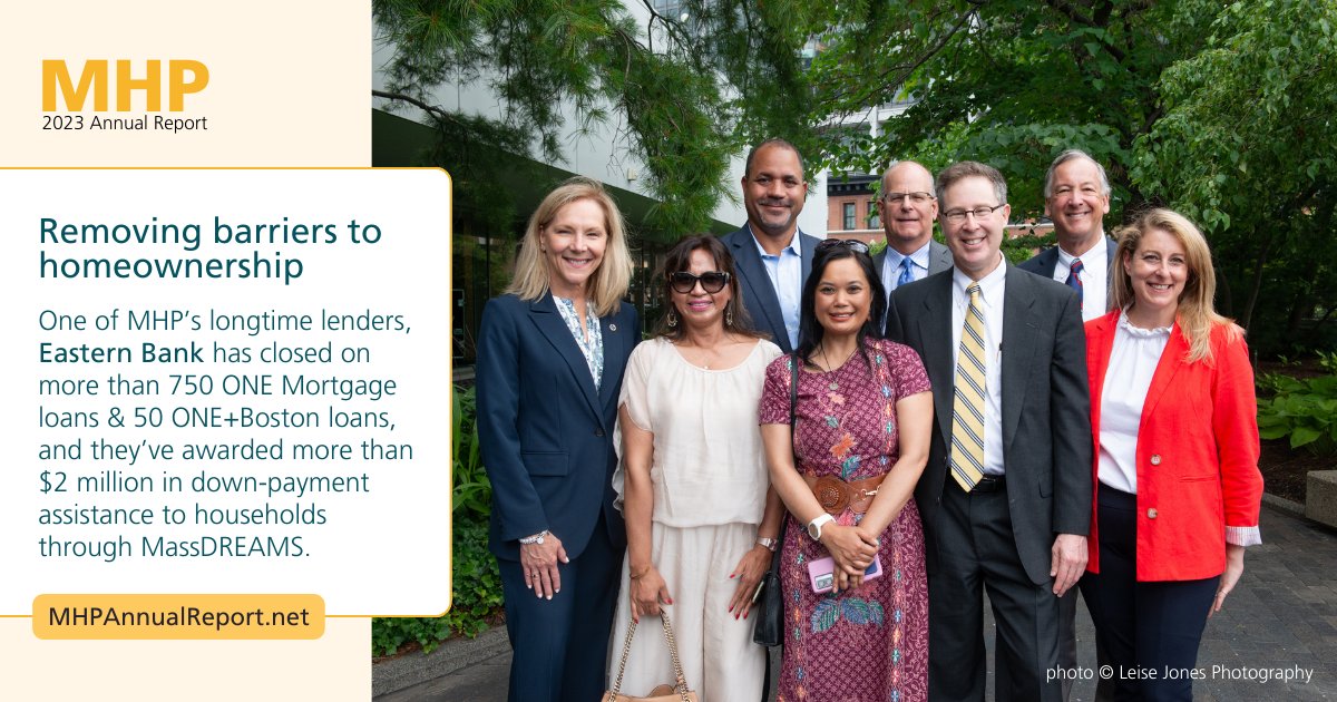 The ONE Mortgage Program, which breaks down barriers that prevent creditworthy families from buying a home, wouldn't be possible without participating lenders like Eastern Bank. 

Why do they do it? Our Annual Report tells the story: mhpannualreport.net/annual-report/…