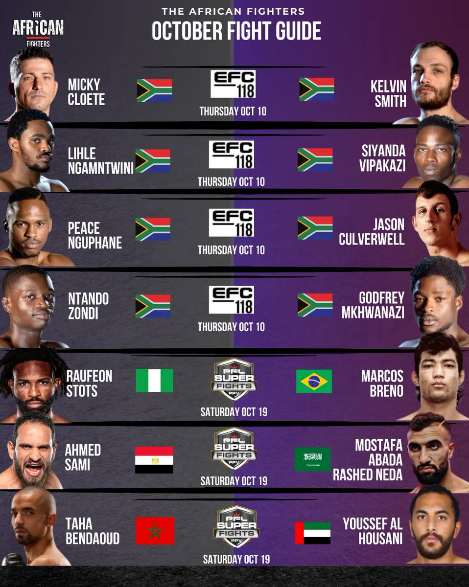 FightersAfrican's tweet photo. Still to Come this October π₯ What a Stacked Month π₯π₯π₯
#PFLSuperfights #UFC308 #EFC118 #octagon62 #GLORY96 #KOF https://t.co/LDIAVbBm3F