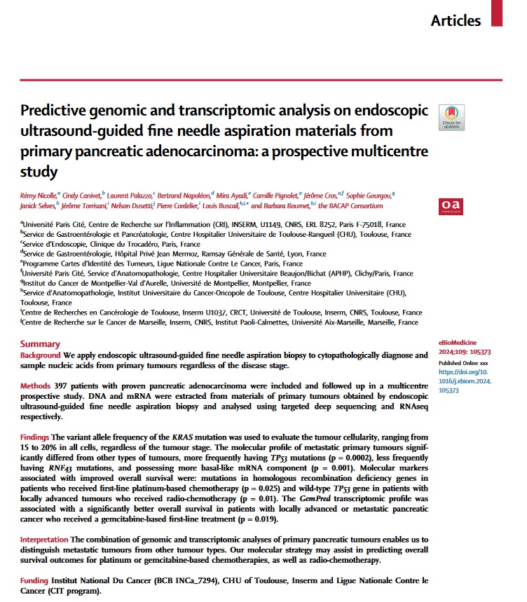 Pleased to contribute to this multicentre study on predictive  genomic and transcriptomic analysis of pancreatic adenocarcinoma. It  shows the feasibility of biopsy-based analyses to enhance precision  medicine and improve patient outcomes. thelancet.com/journals/ebiom…