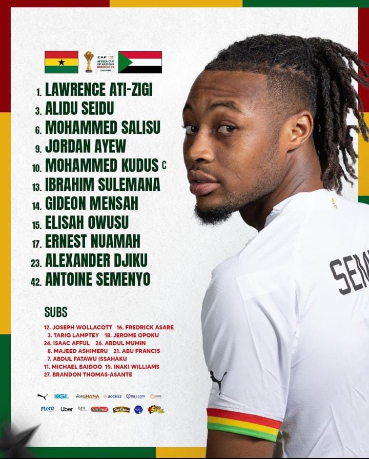 MrTawfiqgonja_'s tweet photo. 🚨𝗚𝗵𝗮𝗻𝗮 🇬🇭 𝗕𝗹𝗮𝗰𝗸 𝗦𝘁𝗮𝗿𝘀 𝗫𝗜 📝

©️ Mohammed Kudus captains the team for the first time!
🧱 Salisu and Djiku in the heart of defense.
💫 First start for Ibrahim Sulemana
🎯 Jordan and Semenyo lead the attack.

#GHASUD #AFCON2025Q #MrGonjaWrites✍️ https://t.co/v4uyJ9tThb