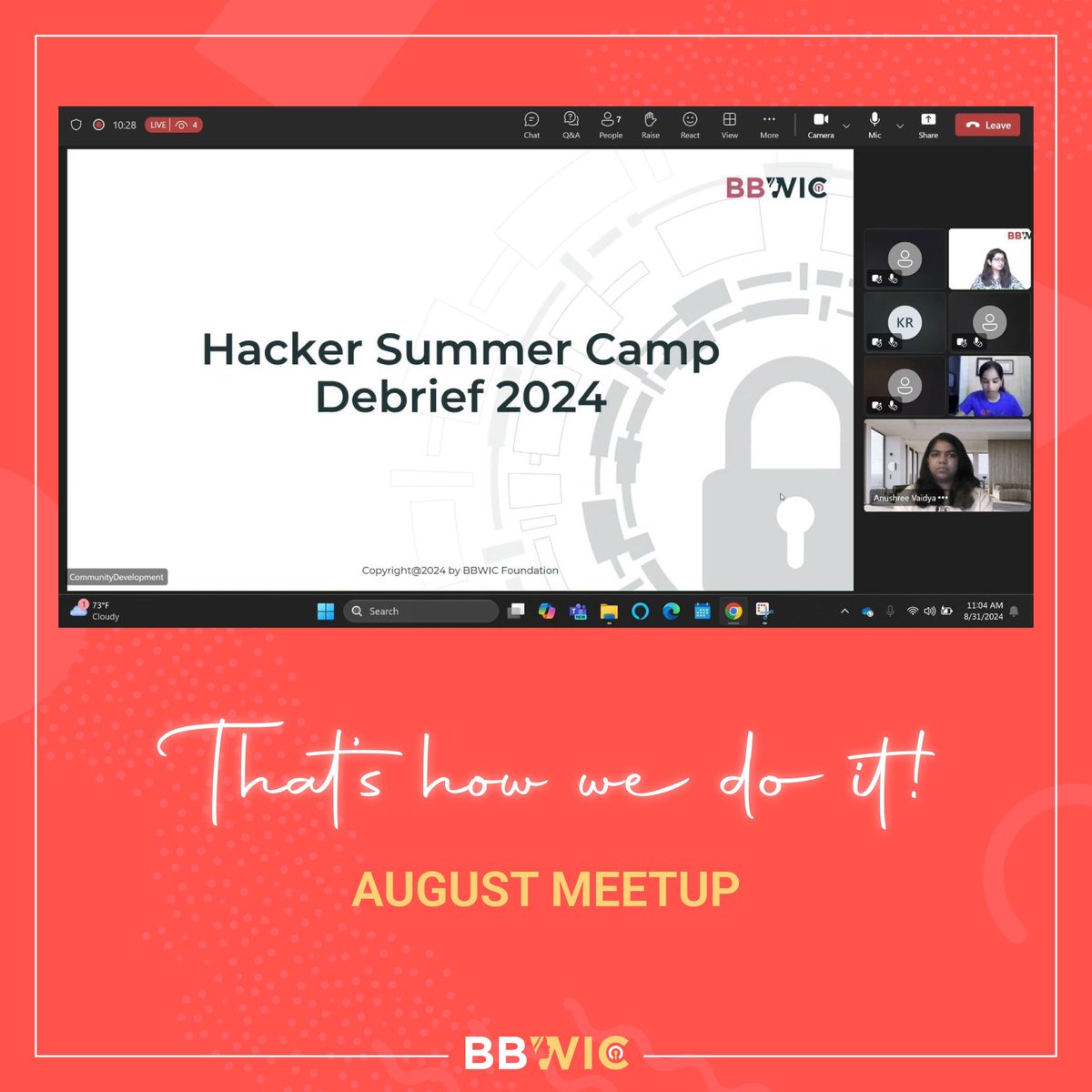 𝐀𝐮𝐠𝐮𝐬𝐭 𝐒𝐞𝐬𝐬𝐢𝐨𝐧 𝐰𝐚𝐬 𝐚 𝐁𝐈𝐆 𝐬𝐮𝐜𝐜𝐞𝐬𝐬!

Thanks to all the panelists, yet again insightful information was shared for the attendees! 

Also, if you need more details about what information BBWIC has gathered, check here - lnkd.in/eAyRbAuu