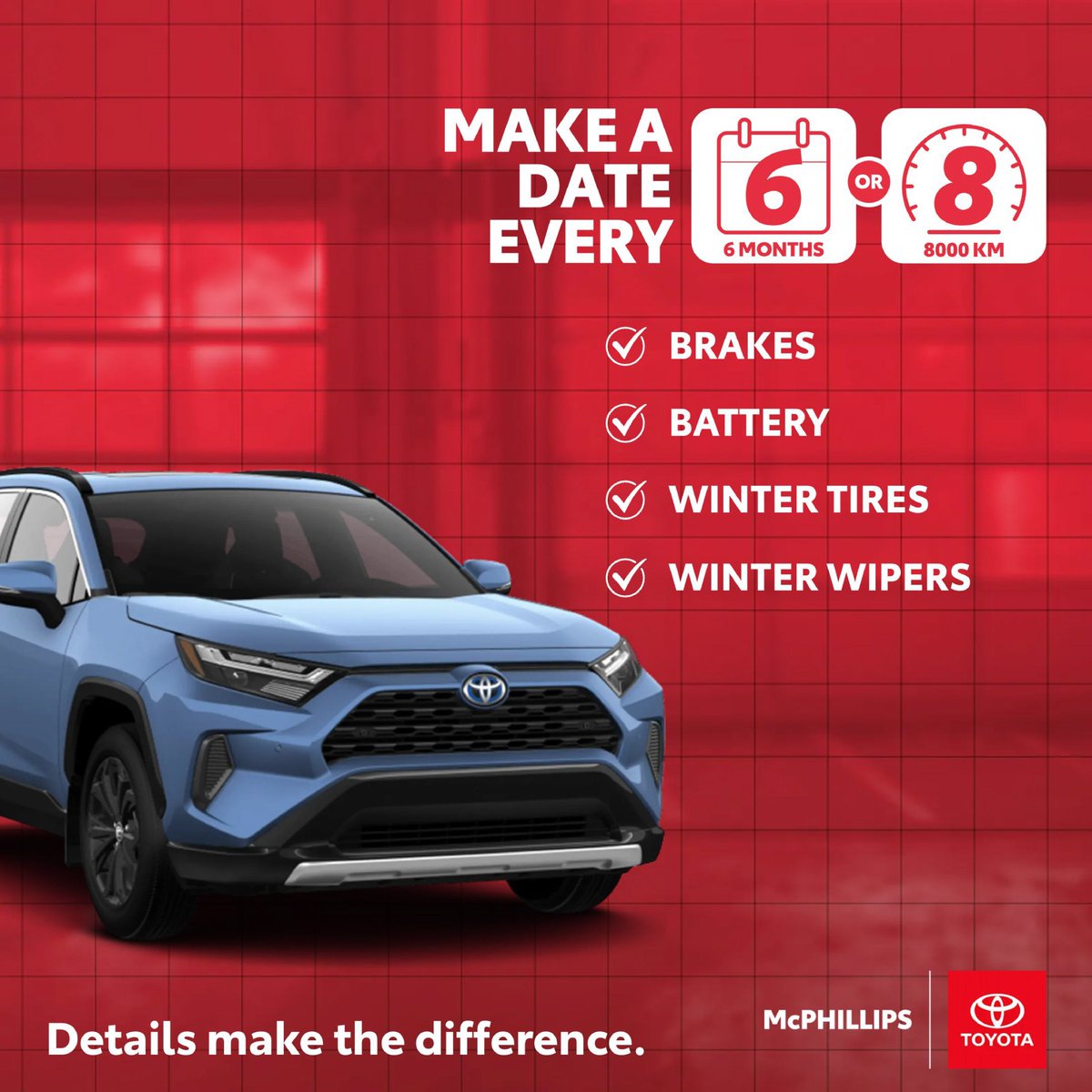 Winter is just around the corner! Make sure your vehicle is ready for the season by scheduling a check-up every 6 months or 8,000 km. From brakes to winter tires and wipers, we’ve got you covered. Book your service today and drive with confidence!

#ToyotaService #WinterReady