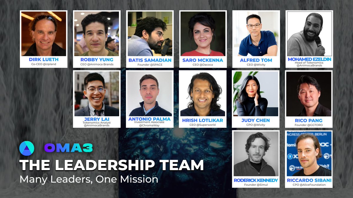 🌍 MANY LEADERS, ONE MISSION

1/ The OMA3 leadership team includes giants of the Web3 creative ecosystem like Animoca Brands, Upland, and Alice representing diverse expertise across gaming, infrastructure, and governance sectors.

Meet below the visionary minds behind OMA3?👇