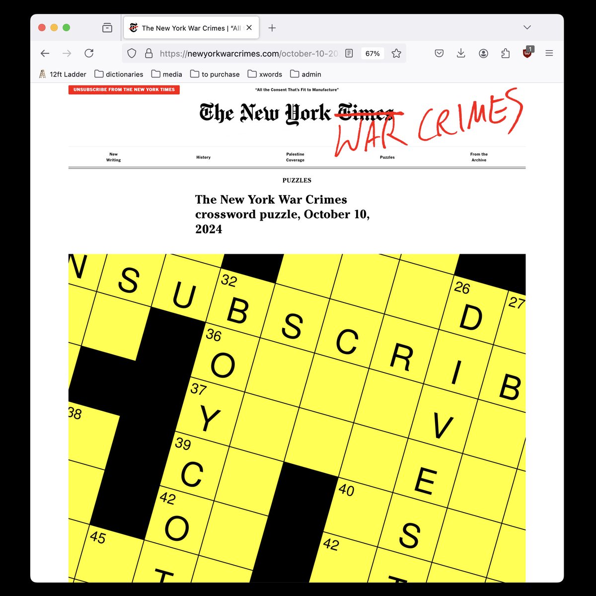 BrandonWilner's tweet photo. the @nywarcrimes crossword puzzle is now back in the saddle, another beautiful anticolonial puzzle up now get to it 
https://t.co/9aFMgbwTdB https://t.co/BORoUo7W0M