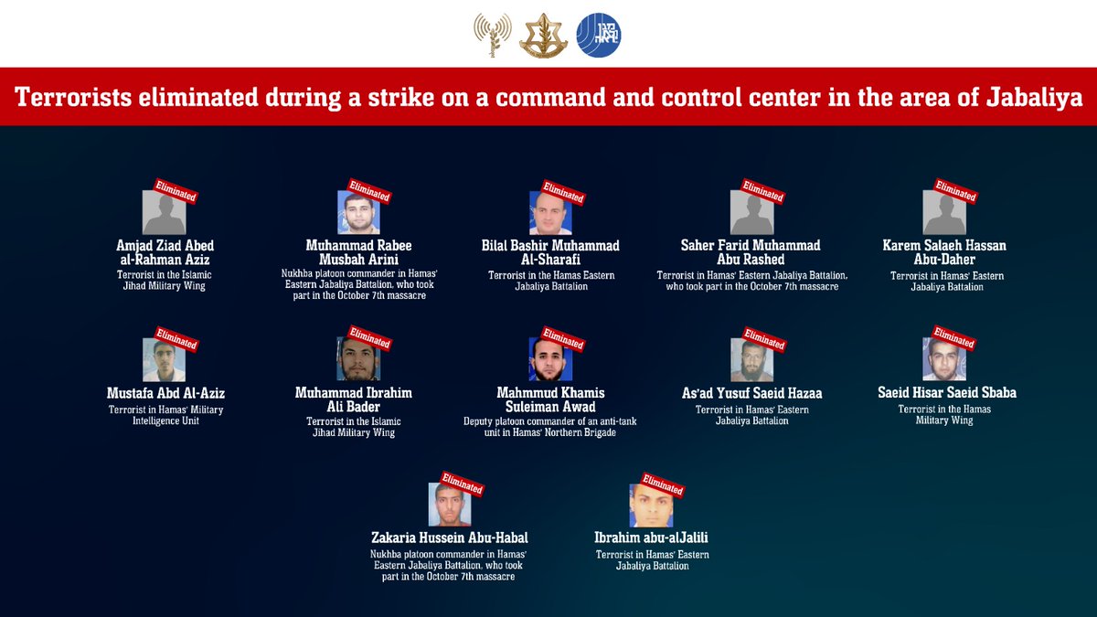 's tweet image. ELIMINATED: 12 terrorists in Jabaliya, including several involved in the October 7 massacre 

Yesterday (Wednesday), with the precise intelligence direction of the IDF and ISA, the IAF struck terrorists operating from a command and control center embedded within an area that