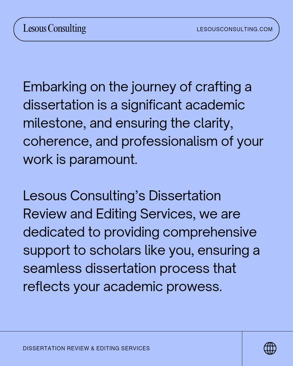 LesousCon's tweet photo. (1/2) Elevate your dissertation with Lesous Consulting! Our expert team offers tailored review and editing services to enhance clarity and structure. Transform your work today: https://t.co/0RkovLTDEB https://t.co/Y6KqOtvZ20