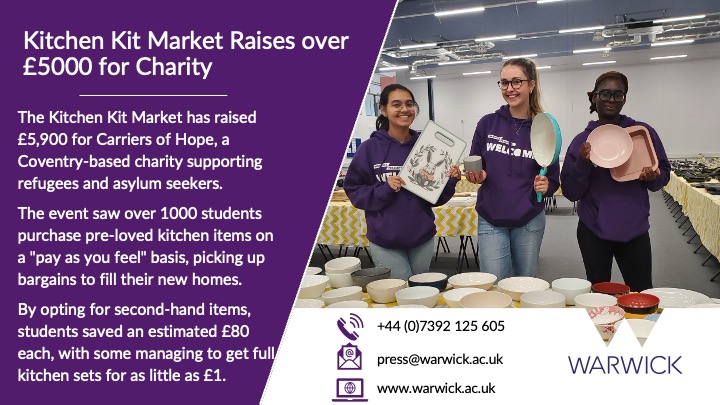 Warwick Newsroom (@warwicknewsroom) on Twitter photo 📰 Students raise over £5000 for local charity Carriers of Hope with the Kitchen Kit Market
👉 warwick.ac.uk/newsandevents/…
<a href="/uniofwarwick/">University of Warwick</a> <a href="/WarwickUniSust/">Sustainability at Warwick</a> #CarriersOfHope #Coventry #charity 📰 Students raise over £5000 for local charity Carriers of Hope with the Kitchen Kit Market
👉 warwick.ac.uk/newsandevents/…
<a href="/uniofwarwick/">University of Warwick</a> <a href="/WarwickUniSust/">Sustainability at Warwick</a> #CarriersOfHope #Coventry #charity