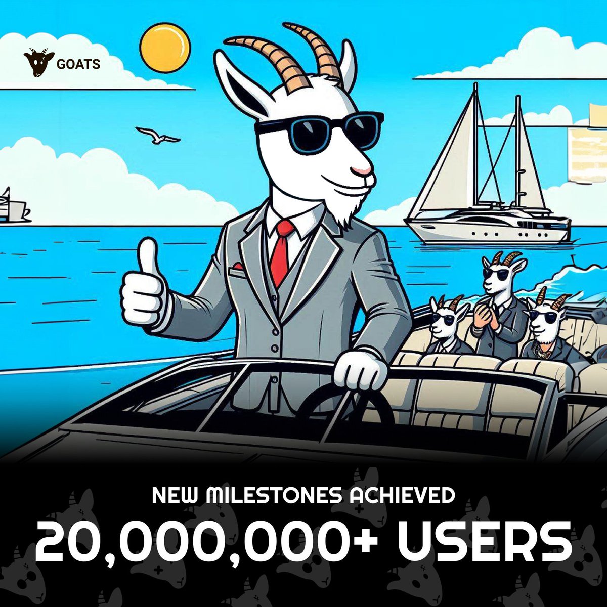 🚨 GOATS HITS 20,000,000+ USERS! 🚨

We’ve officially crossed 20 MILLION Users! 🐐💥 The GOATS herd is charging forward like never before, and we’re just getting started! 💨🔥

Huge shoutout to all the GOATS rolling with us—y’all are part of the biggest revolution yet! 🌊 This is