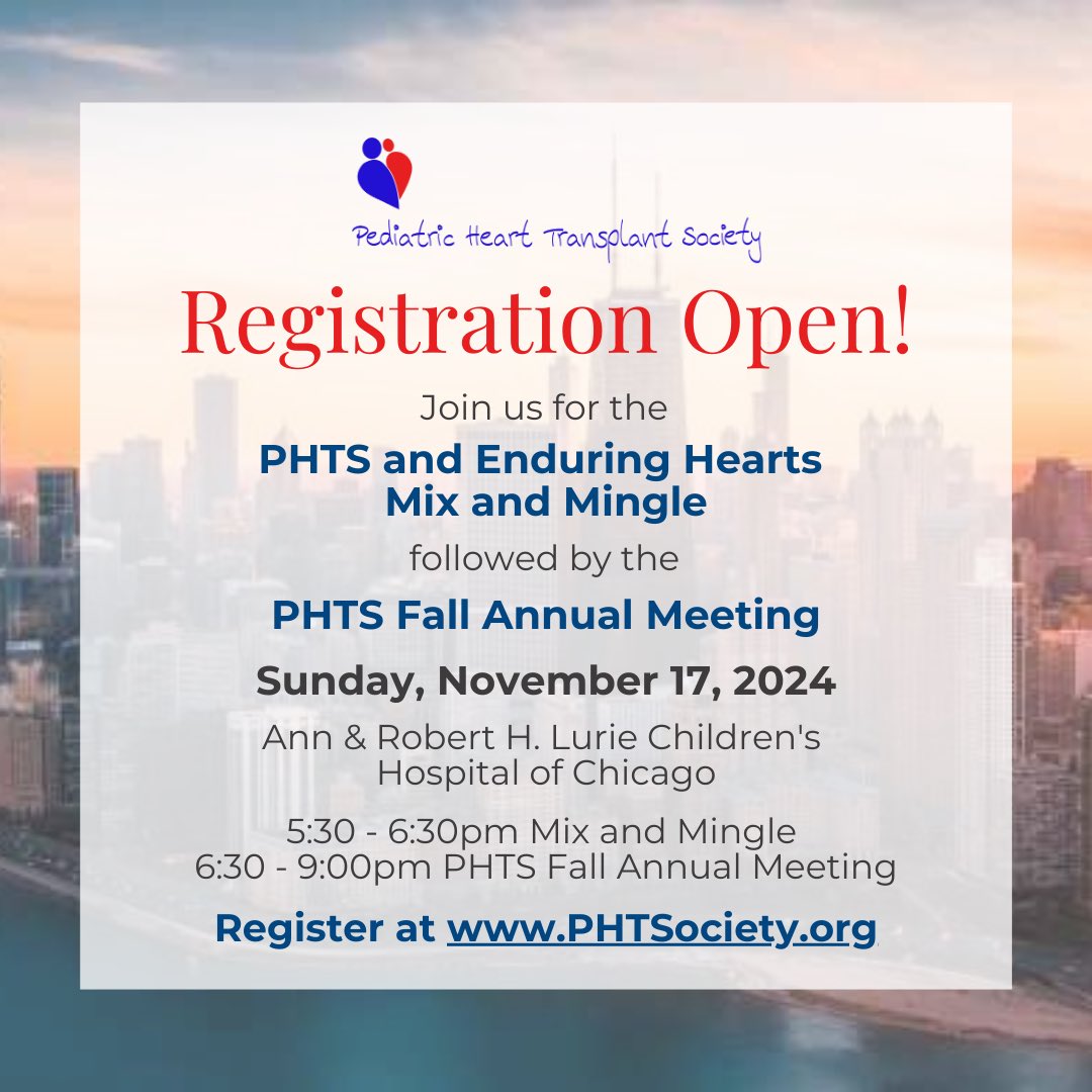 PHTSociety (@phtsociety) on Twitter photo Registration Open! Join Us for the <a href="/PHTSociety/">PHTSociety</a> and <a href="/EnduringHearts/">Enduring Hearts</a> Mix and Mingle followed by the PHTS Fall Annual Meeting, Sunday, November 17, 2024 in Chicago, IL!
Register here: pediatrichearttransplantsociety.org/phts-fall-annu… Registration Open! Join Us for the <a href="/PHTSociety/">PHTSociety</a> and <a href="/EnduringHearts/">Enduring Hearts</a> Mix and Mingle followed by the PHTS Fall Annual Meeting, Sunday, November 17, 2024 in Chicago, IL!
Register here: pediatrichearttransplantsociety.org/phts-fall-annu…