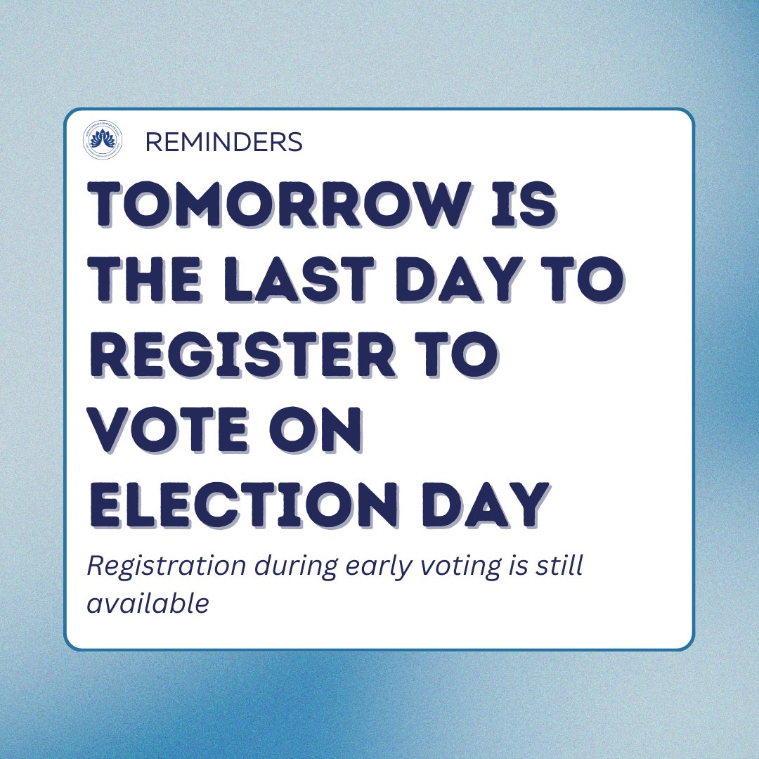 aapi_ncdp's tweet image. 🚨Tomorrow is the LAST day to register to vote in NC on Election Day! Our community’s future depends on every one of us showing up and making our voices count.

Register now: iwillvote.com