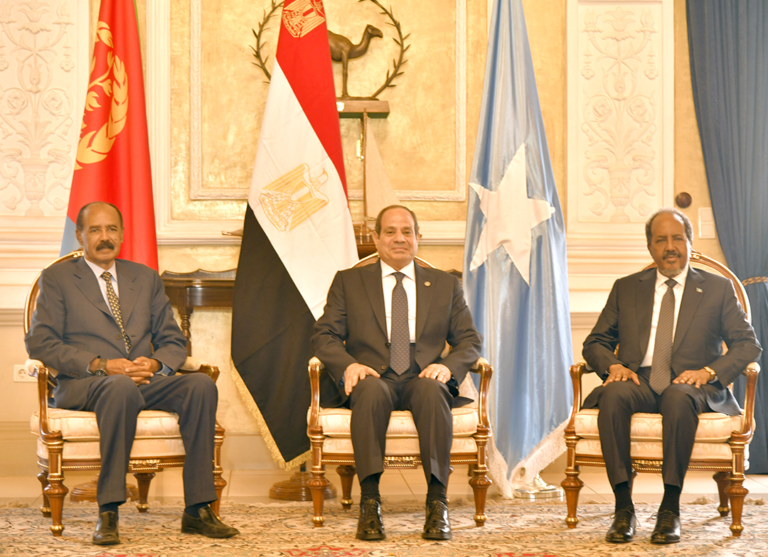 hawelti's tweet photo. President Isaias Afwerki and President Abdul Fattah el-Sisi held extensive talks in the early afternoon hours today on further consolidation of the bilateral ties between the two countries as well as on regional and international issues of mutual interest.
In this regard, the two Heads of State :
*Underlined the importance of adhering to fundamental  principles of international law in the promotion of regional stability & cooperation;
*Agreed to coordinate their efforts for regional stability;
*Expressed the commitment of both countries to strengthen bilateral cooperation in various fields to achieve the aspirations of the two peoples towards development and prosperity;
*Agreed to establish a Political Consultation Committee at the level of Foreign Ministers on regional, international and geopolitical developments of common interest.

A Tripartite Summit between President Isaias Afwerki, President Abdul Fattah el-Sisi, and President Dr. Hassan Sheikh Mohamud was subsequently held in the afternoon today.
*The three Heads of State underlined the imperative of adhering to basic principles and pillars of international law; especially the unequivocal respect for the sovereignity, independence and territorial integrity of the countries in the region;
*Agreed to develop & deepen cooperation and coordination between the three countries in order to enhance the Somali State institutions to confront various internal and external challenges; and, to enable the Somali National Federal Army to confront terrorism in all is forms;
*Discussed in greater depth and reached consensus on: 
 - Crisis in Sudan and its regional repercussions;
 - Situation in Somalia in light of recent regional developments;
  - Security and cooperation issues between the Littoral States of the Red Sea and the Bab-al Mandab Strait in the context of its utmost importance as a vital maritime route;
- Modalities of diplomatic coordination and joint efforts between the three countries.
* Agreed to establish a Joint Tripartite Committee of the Foreign Ministers of Eritrea, Egypt and Somalia for strategic cooperation in all fields