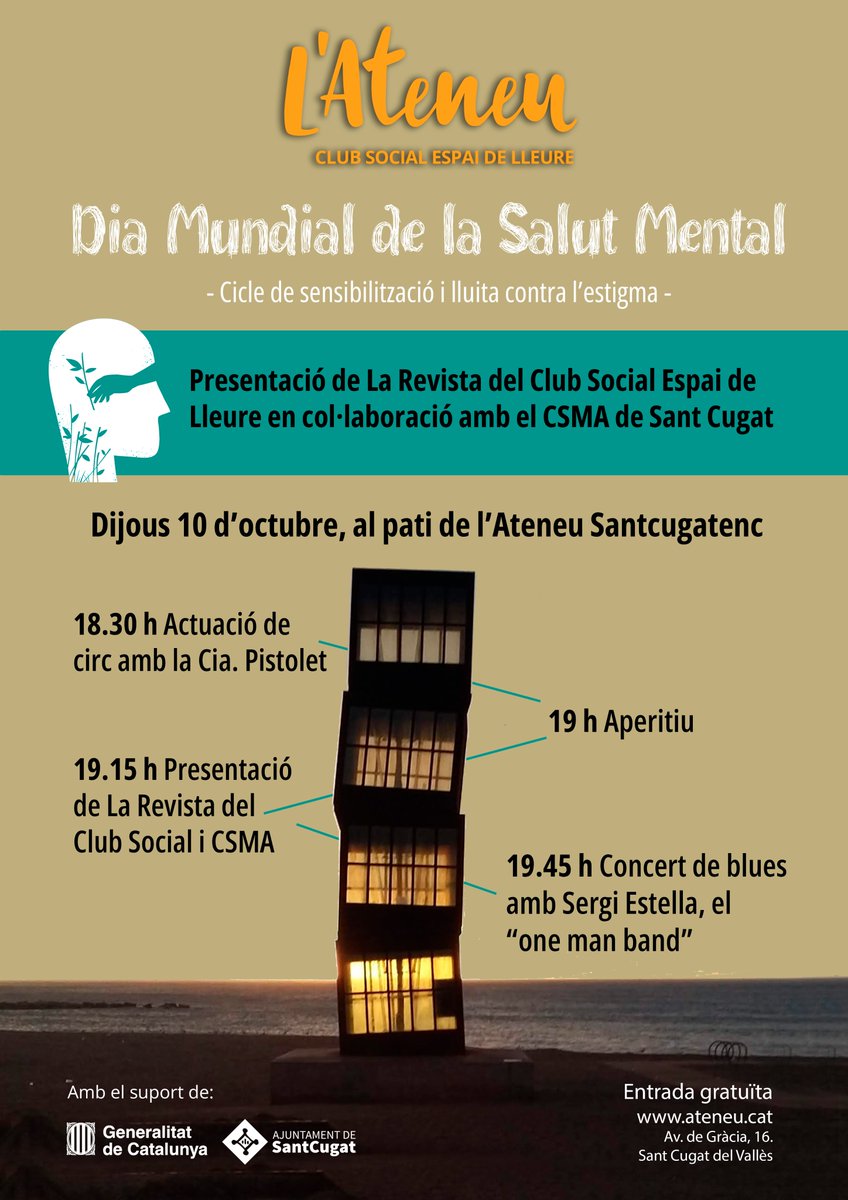 Avui!
🤸‍♂️18.30 h la Cia. @circpistolet estrena espectacle de circ.
🍿 19 h Aperitiu
📗 19.15 h Presentació de La Revista del Club Social de l’Ateneu de #SantCugat i del Centre de Salut Mental d’Adults (CSMA)
🎶 19.45 h Concert de blues amb @sergi_estella