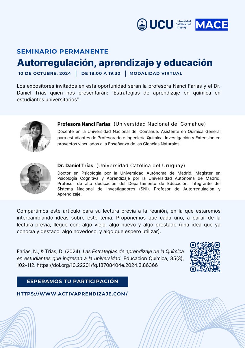 Se viene un nuevo encuentro del "Seminario permanente de autorregulación, aprendizaje y educación" #grupoMACE Seguimos profundizando los diálogos interdisciplinares que nos motivan y enriquecen