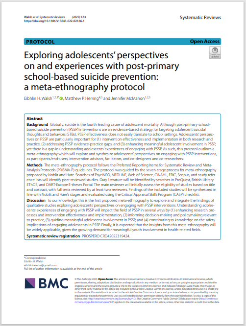ScyLabIE's tweet photo. Exploring adolescents’ perspectives on and experiences with post-primary school-based suicide prevention: a meta-ethnography protocol | Systematic Reviews (https://t.co/pVK8LQHXa1)
#adolescentperspectives #postprimary #suicideprevention https://t.co/kMxbQZ2iSx
