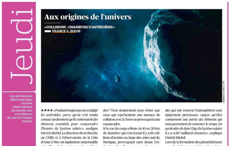 francetvpro's tweet photo. #LesMediasEnParlent 

Science Grand Format - Mathieu Vidard 
Collisions : chasseurs d'astéroïdes

À lire dans @teleobs @TVMAG 

#ScienceF5 #Documentaire 

▶️Jeu 10/10 à 21.05 | #France5 &amp; https://t.co/JqV7mXAWMw https://t.co/NmVikI1Phw
