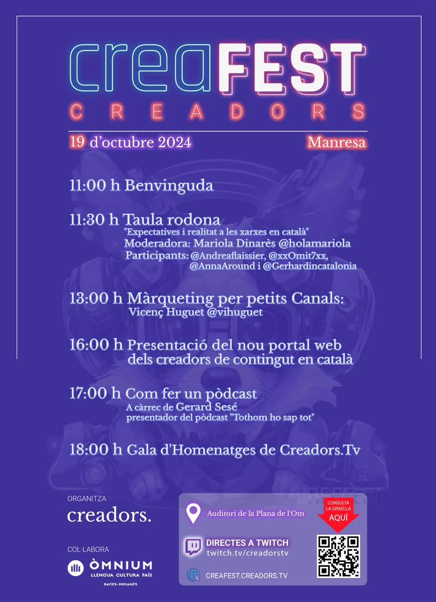 creadorstv's tweet photo. 🎉 El CREAFEST ja és aquí! 🎉
Amb activitats gratuïtes i obertes a tothom! 🙌
No cal ser creador per gaudir del CREAFEST!
Vine i connecta!
Vols connectar amb altres creadors i aconseguir noves eines?
· Descobreix com crear el teu pòdcast.
· Tips per vendre el teu canal.
· I compartir vivències amb altres creadors 📈🎙️
El pròxim 19 d’octubre, https://t.co/xfR39iwq4m et porta, com cada any, el festival de creadors de contingut en català, el CREAFEST’24, a l’auditori de la Plana de l’Om a Manresa.
#Creafest24 #Creafest #Manresa #CreadorsTV