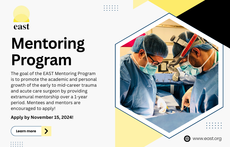 Get matched to a mentor or a mentee via the EAST Mentoring Program! Apply by November 15, 2024. Click here for more details: bit.ly/3iufNc8

#EASTtrauma #EASTorg #trauma #traumasurgery #surgeons #surgtwitter #medtwitter #soMe4trauma